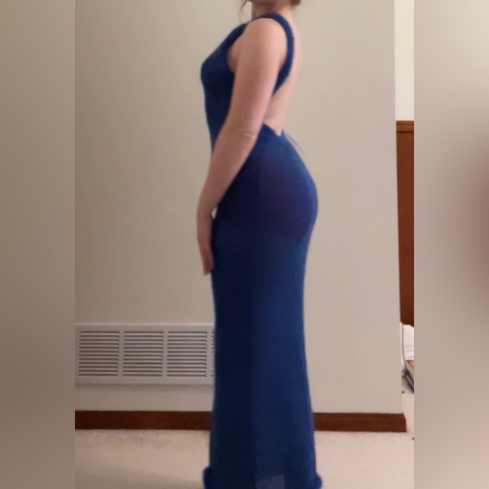 Hand-Knit Blue Mohair Sheer Backless Dress